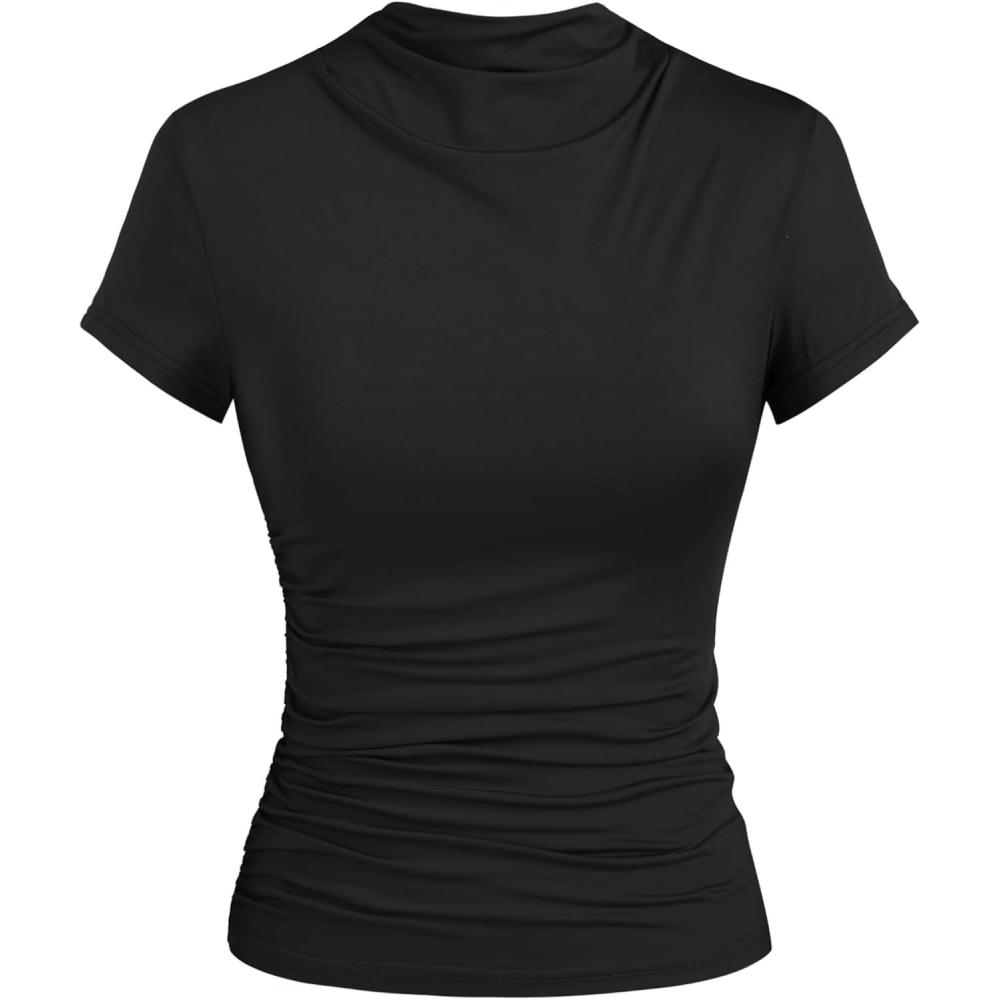imageCIDER High Neck Ruched Short Sleeve TeeBlack