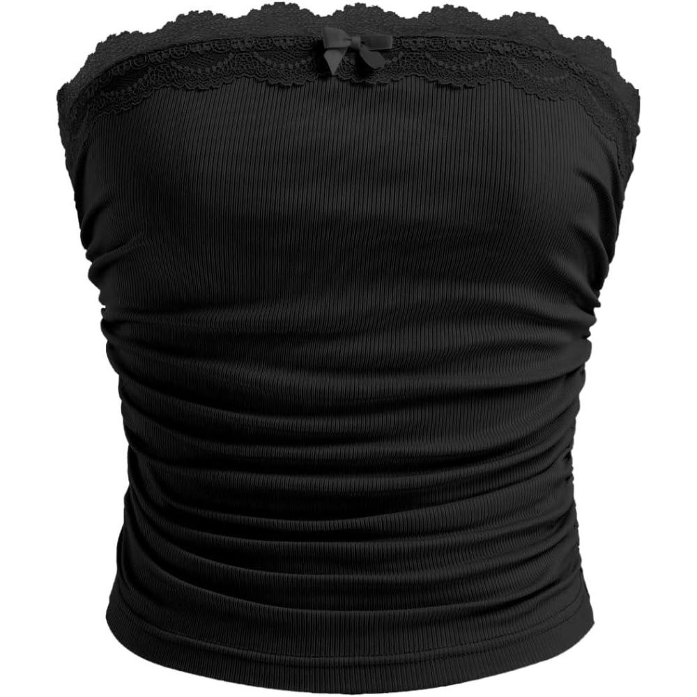 imageCIDER Lace Trim Tube Tops for Women Strapless Ribbed Ruched Going Out Tops Crop Top for Summer 2025Black