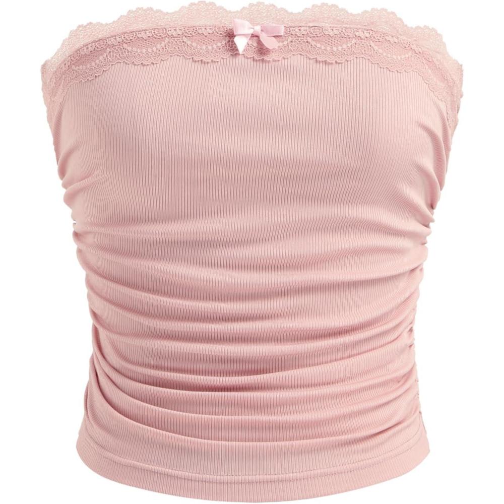 imageCIDER Lace Trim Tube Tops for Women Strapless Ribbed Ruched Going Out Tops Crop Top for Summer 2025Light Pink