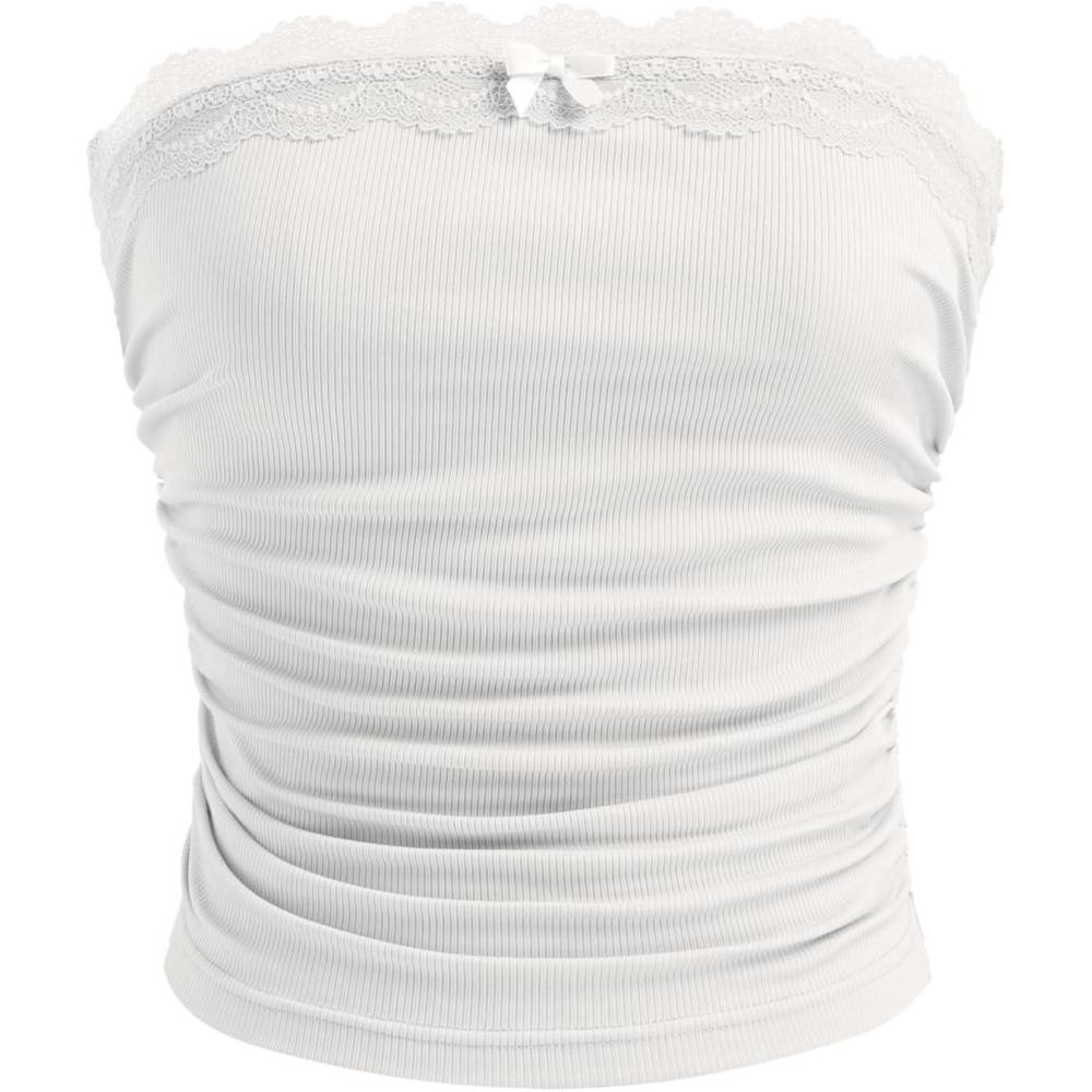 imageCIDER Lace Trim Tube Tops for Women Strapless Ribbed Ruched Going Out Tops Crop Top for Summer 2025White