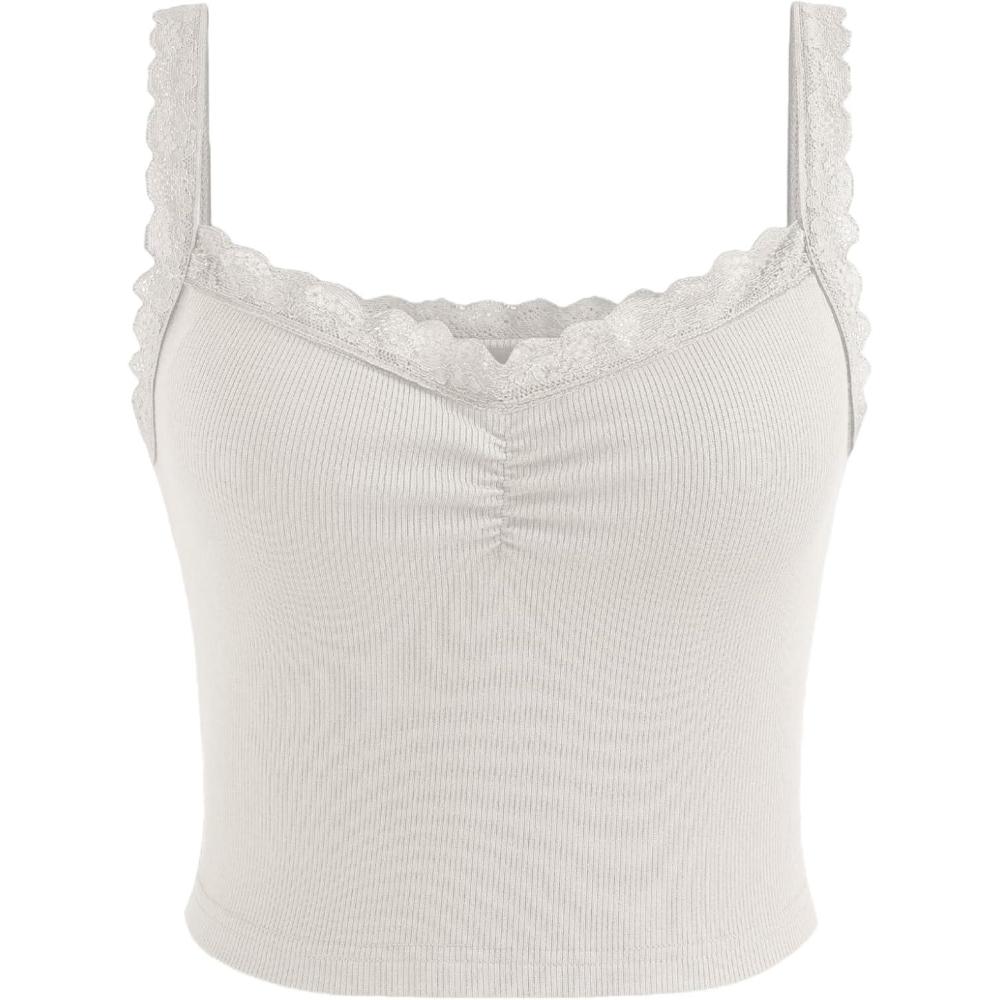 imageCIDER Recycled Fabric Solid Lace Trim Crop Tank TopWhite