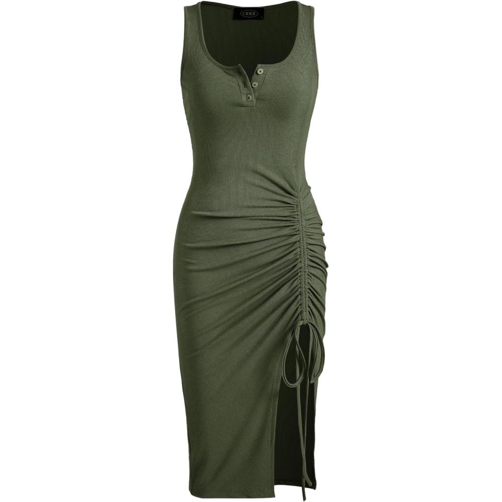 imageCIDER Rib Button Drawstring Midi DressOlive Green