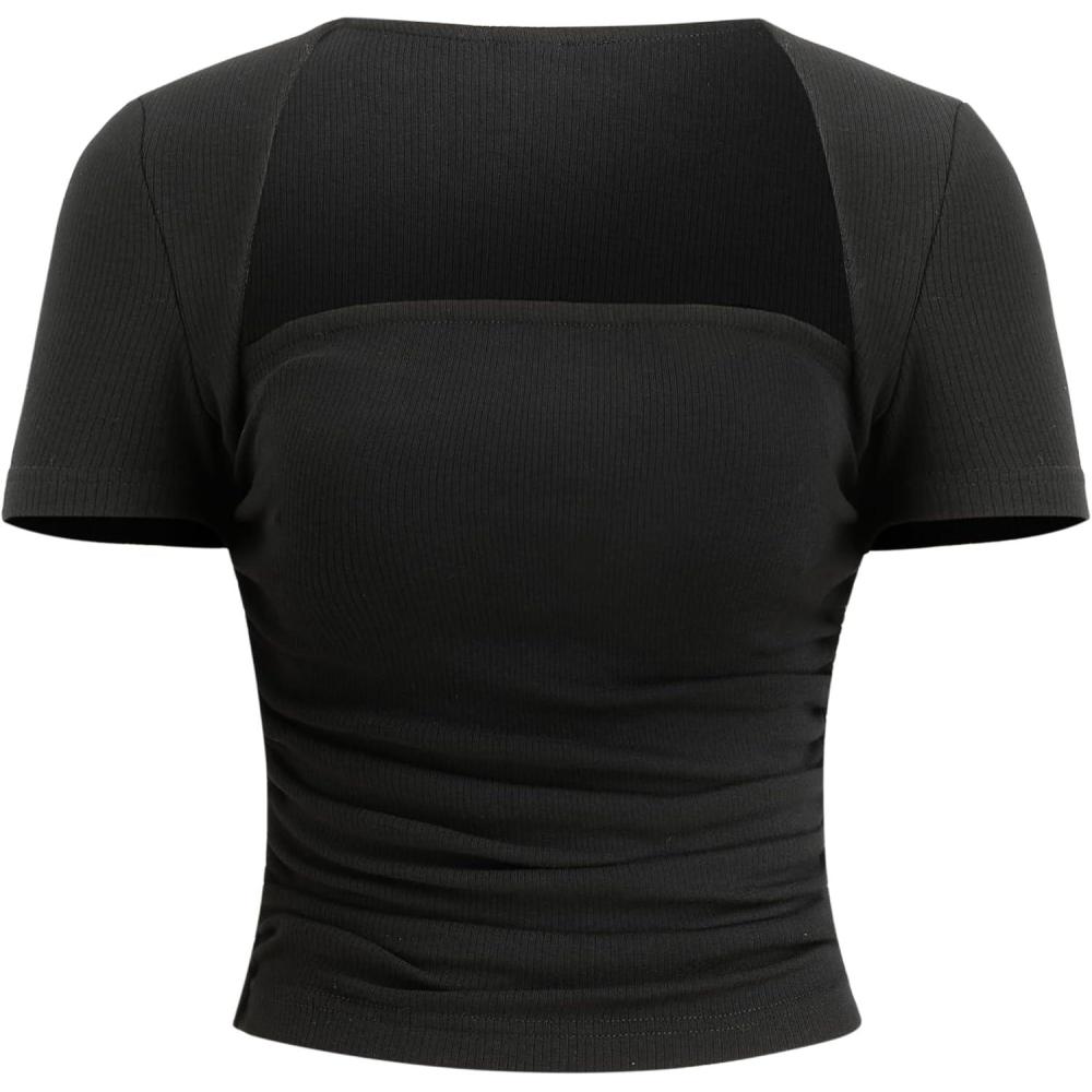 imageCIDER Rib Square Neck Solid Ruched Short Sleeve TopBlack