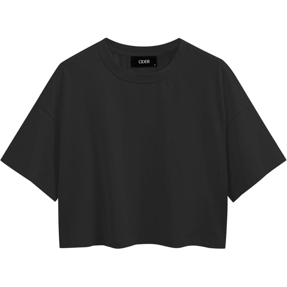imageCIDER Round Neckline Oversized Crop TopBlack