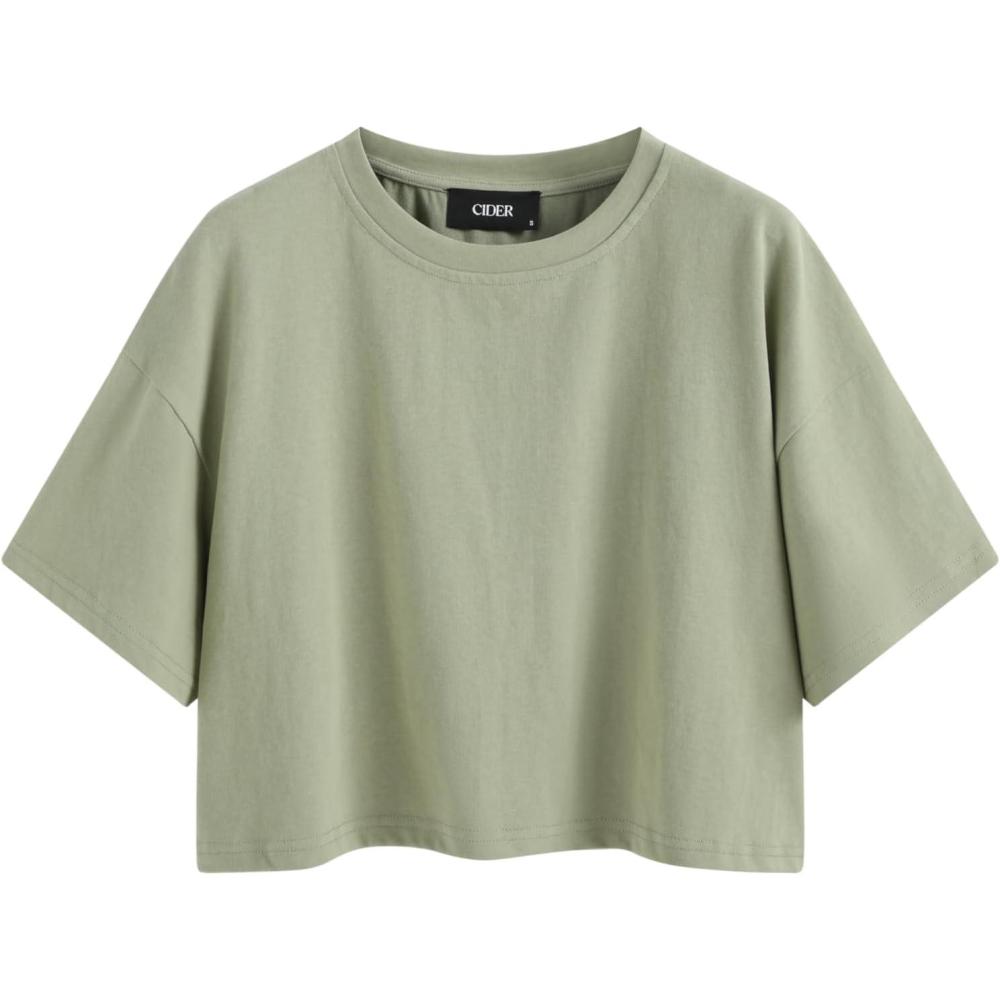 imageCIDER Round Neckline Oversized Crop TopGreen