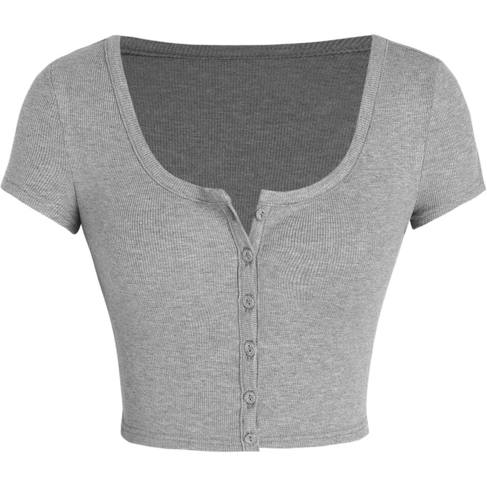 imageCIDER Solid Square Neck Button Up Crop TopGrey