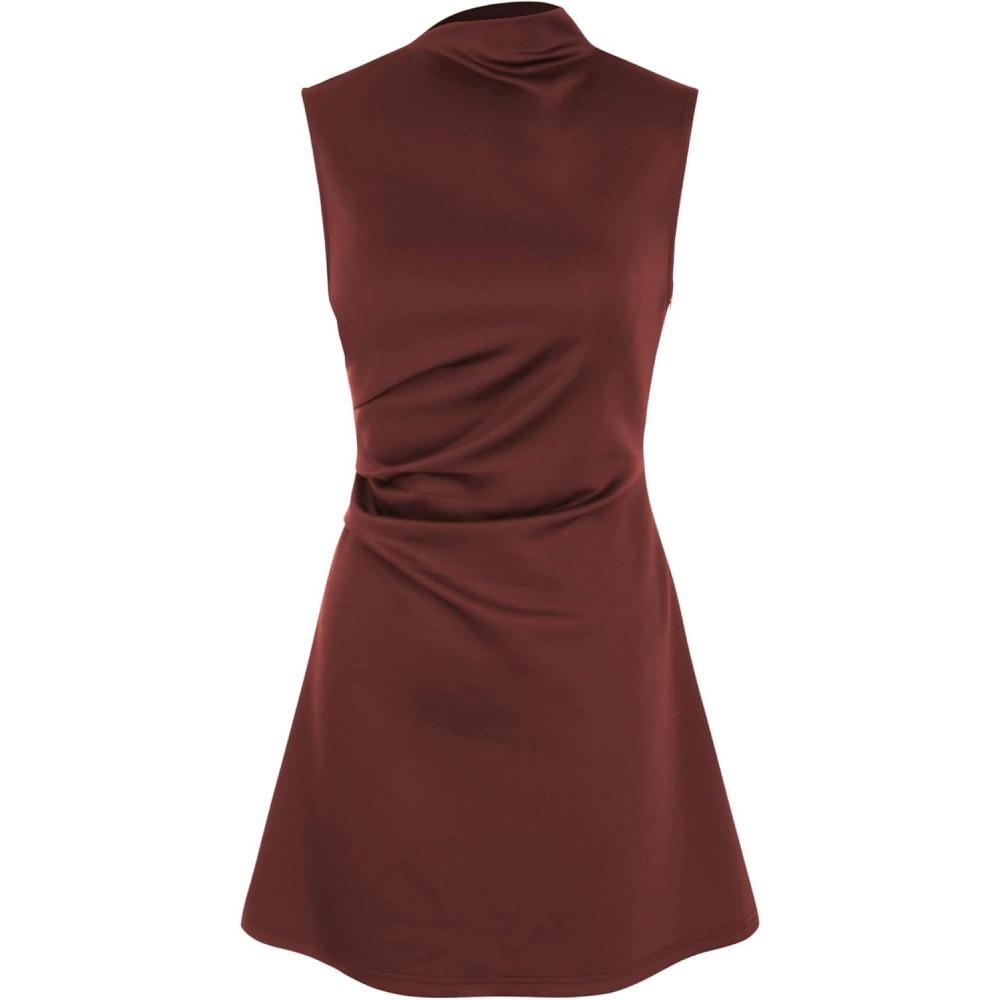 imageCIDER Turtleneck Sleeveless Ruched Mini DressBrown