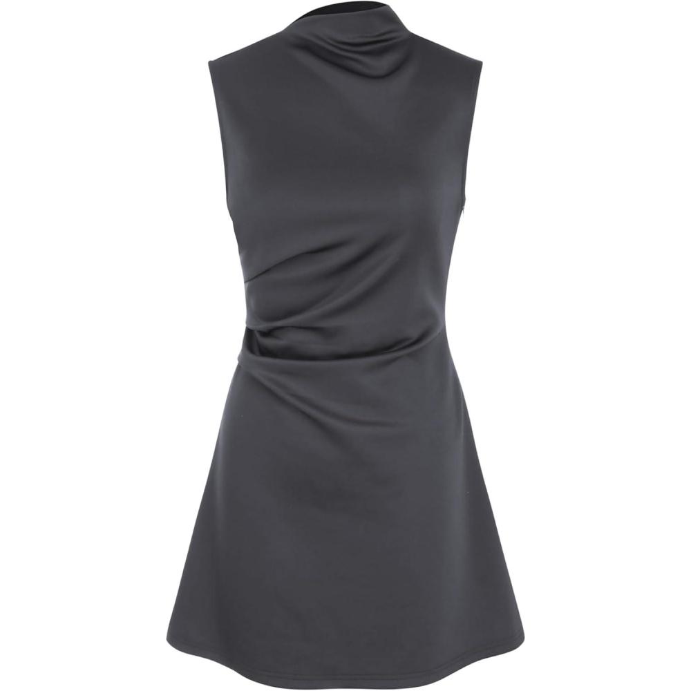 imageCIDER Turtleneck Sleeveless Ruched Mini DressDark Grey