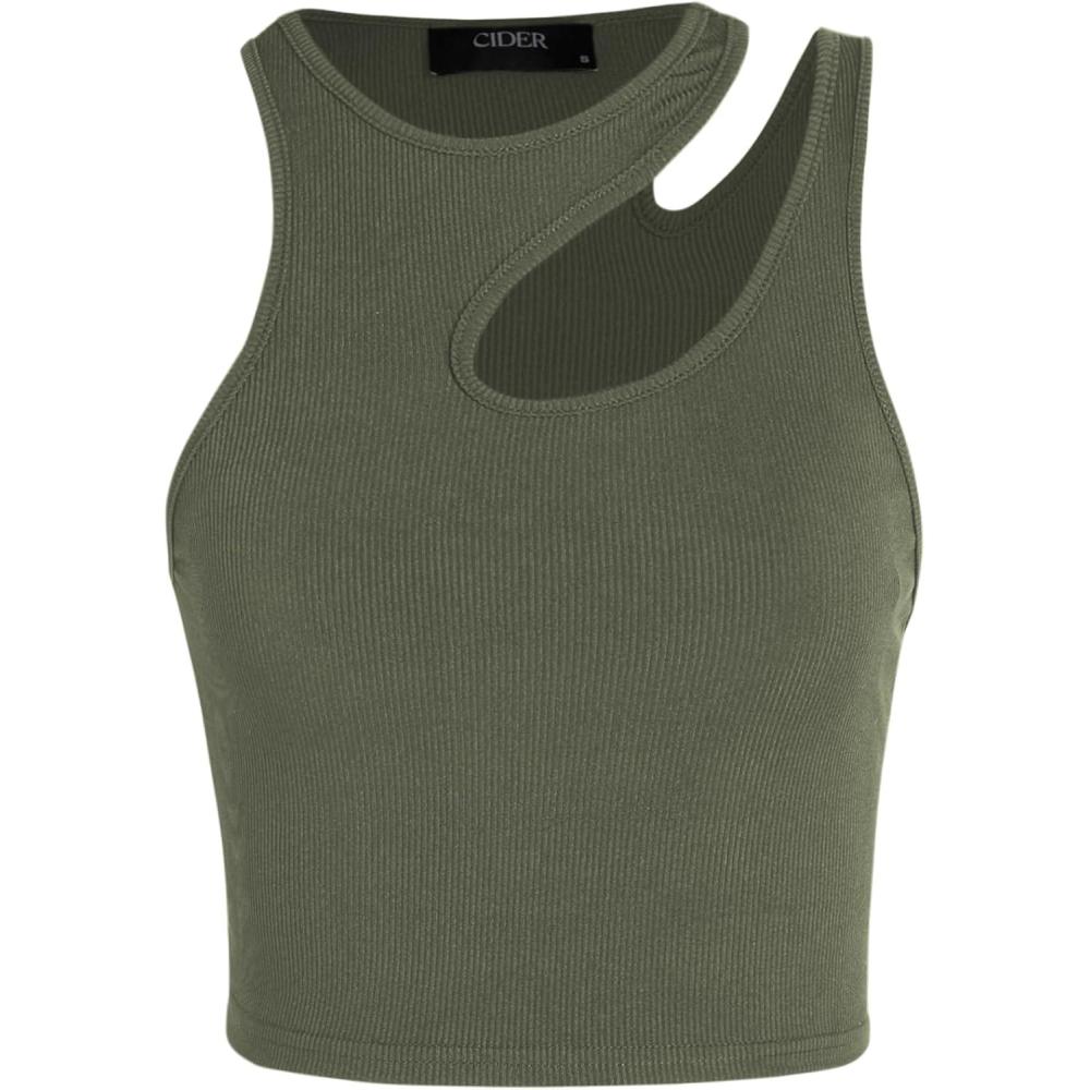 imageCIDER Womens Cut Out Tops Asymmetrical Neck Sleeveless Crop Tank Tops Slim Fitted Ribbed Tee Trendy Y2K OutfitsGreen