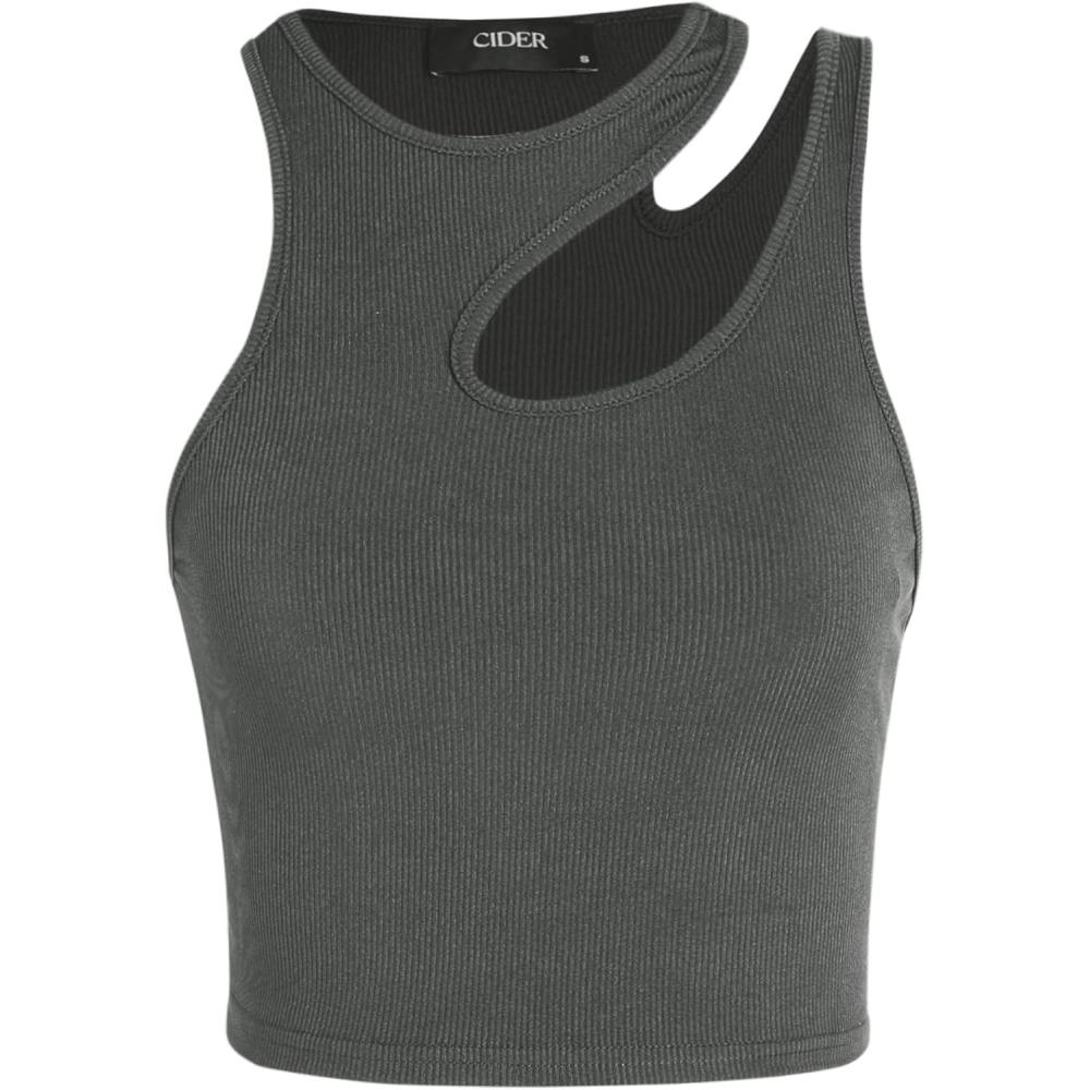 imageCIDER Womens Cut Out Tops Asymmetrical Neck Sleeveless Crop Tank Tops Slim Fitted Ribbed Tee Trendy Y2K OutfitsGrey