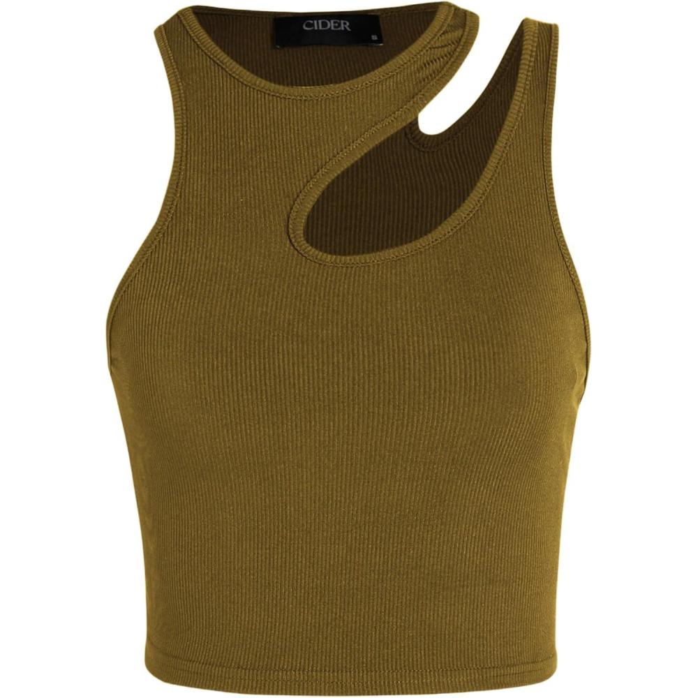 imageCIDER Womens Cut Out Tops Asymmetrical Neck Sleeveless Crop Tank Tops Slim Fitted Ribbed Tee Trendy Y2K OutfitsTan