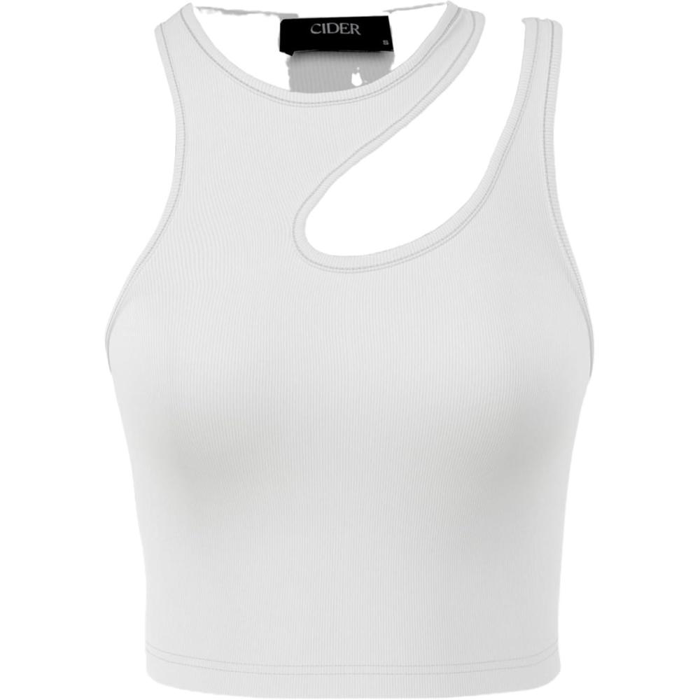 imageCIDER Womens Cut Out Tops Asymmetrical Neck Sleeveless Crop Tank Tops Slim Fitted Ribbed Tee Trendy Y2K OutfitsWhite