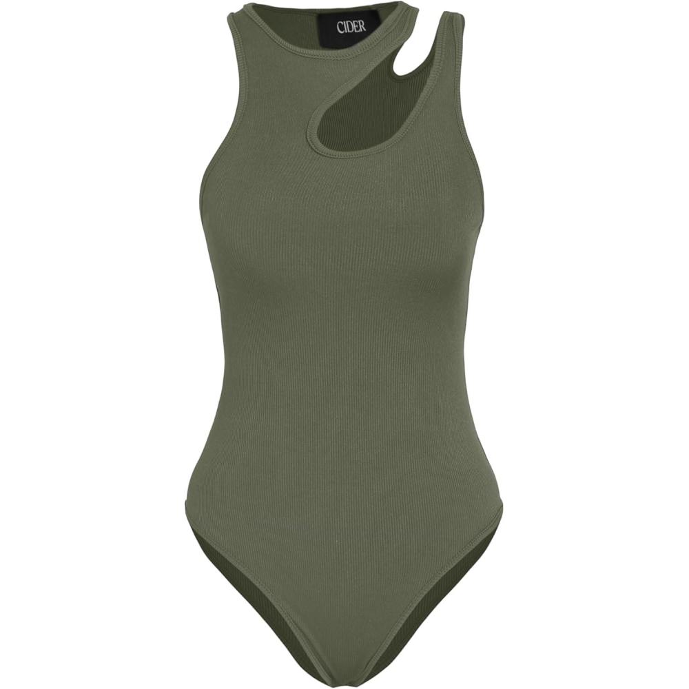 imageCIDER Womens French Riviera Vacation Sleeveless Asymmetrical Neck Solid BodysuitGreen