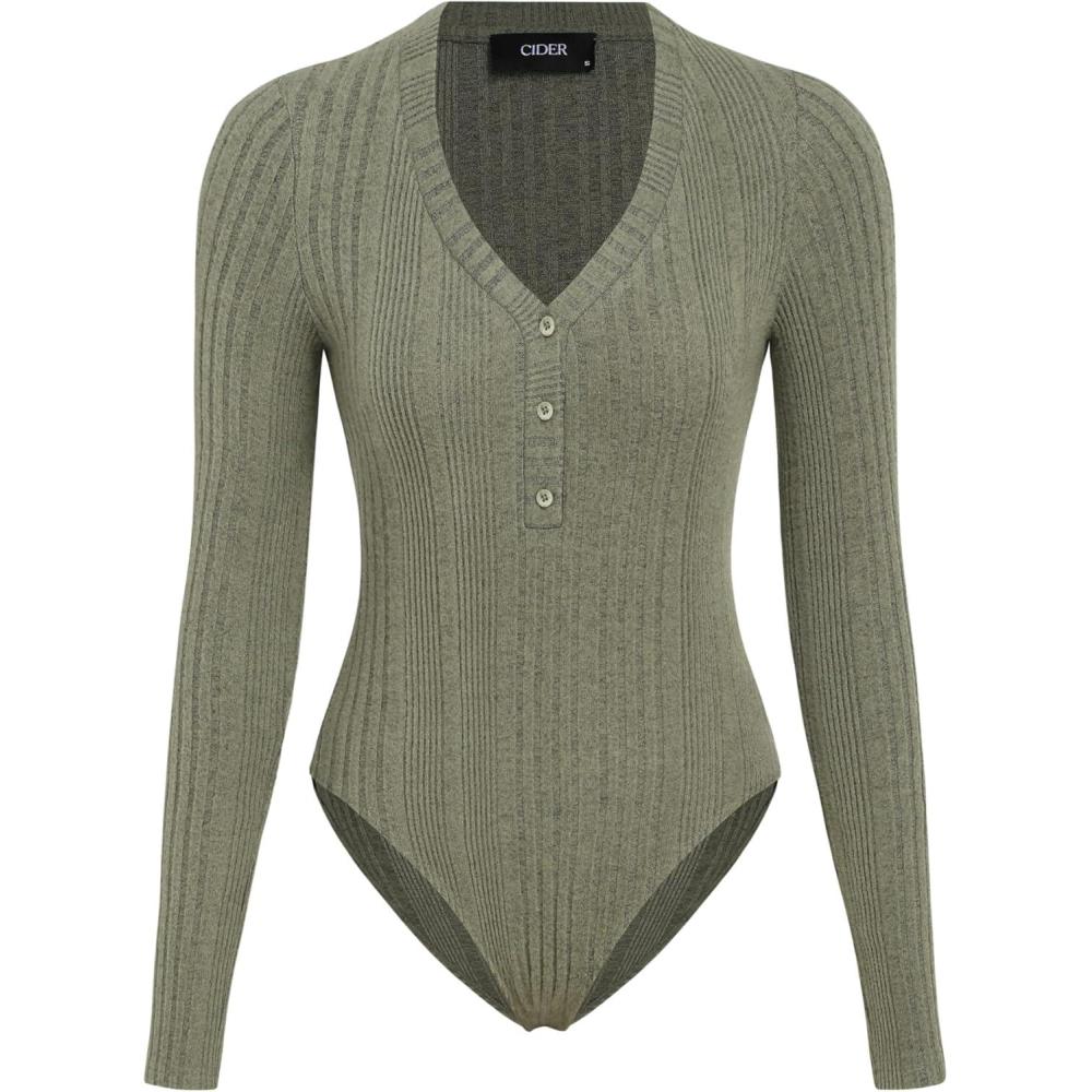 imageCIDER Womens Rib Vneck Solid Button BodysuitMatcha Green