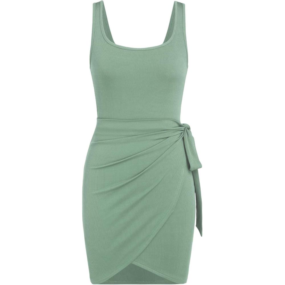 imageCIDER Womens Sleeveless Summer Dress Casual Wrap Bodycon Ruched Dress Tie Waist Beach Mini DressesGreen