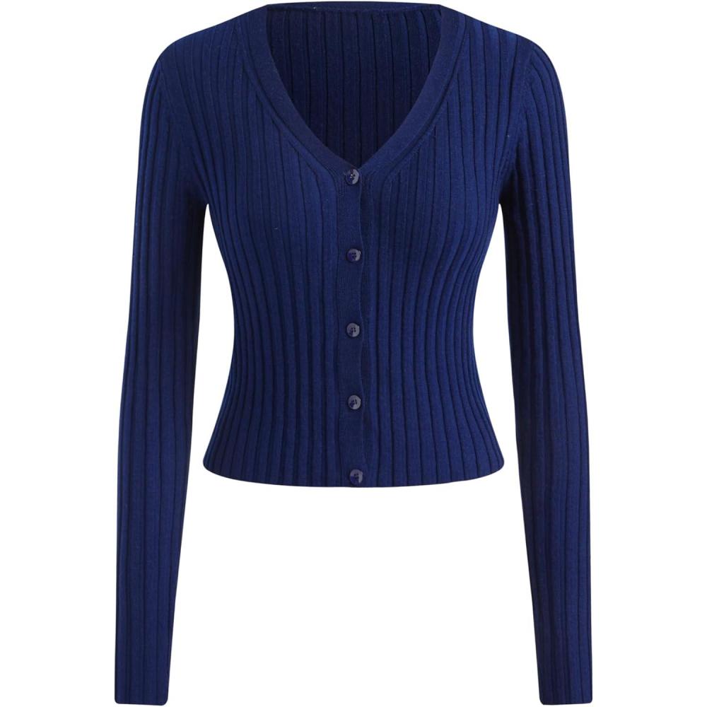 imageCIDER Womens WoolBlend VNeck Solid Button Down Long Sleeve Knit Cardigan Sweater TopsBlue