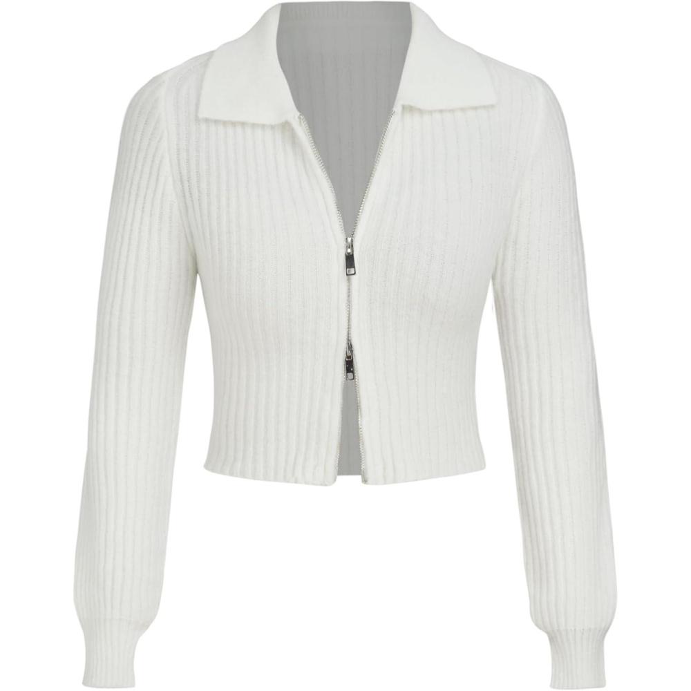 imageCIDER WoolBlend Knit Zipper Long Sleeve Collared TopWhite