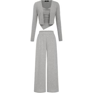 CIDER 3 Piece Outfits Solid Ruched Tank Top & Cardigan & Pants Set(Grey)