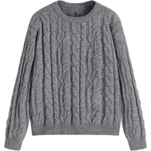 CIDER Cable Knit Round Neckline Long Sleeve Sweater(Grey)