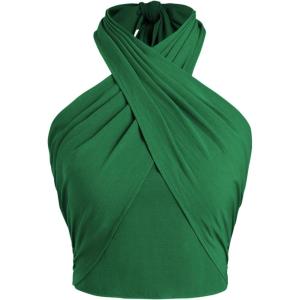 CIDER Cross Halter Shirred Back Crop Top(Dark Green)