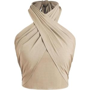 CIDER Cross Halter Shirred Back Crop Top(Khaki)