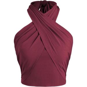 CIDER Cross Halter Shirred Back Crop Top(Wine)