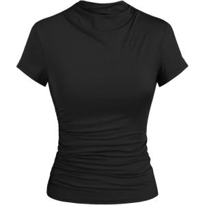 CIDER High Neck Ruched Short Sleeve Tee(Black)