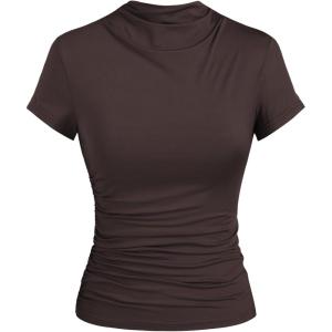 CIDER High Neck Ruched Short Sleeve Tee(Brown)