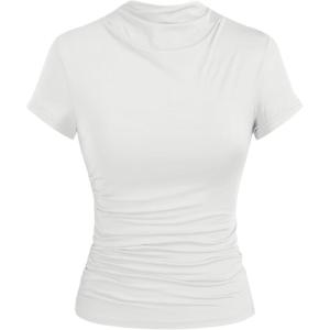 CIDER High Neck Ruched Short Sleeve Tee(White)