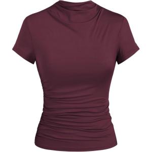 CIDER High Neck Ruched Short Sleeve Tee(Wine)
