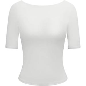CIDER High Stretch Double Layered Boat Neck Solid Backless Short Sleeve Top(White)