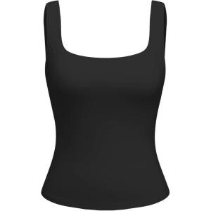 CIDER High Stretch Double Layered Square Neck Solid Tank Top(Black)