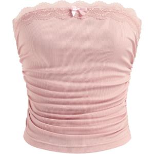 CIDER Lace Trim Tube Tops for Women Strapless Ribbed Ruched Going Out Tops Crop Top for Summer 2025(Light Pink)