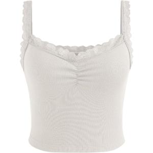 CIDER Recycled Fabric Solid Lace Trim Crop Tank Top(White)