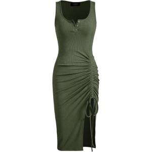CIDER Rib Button Drawstring Midi Dress(Olive Green)