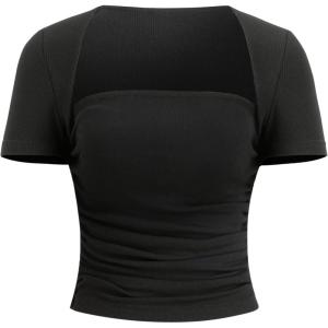 CIDER Rib Square Neck Solid Ruched Short Sleeve Top(Black)