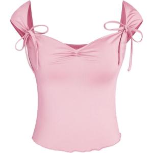 CIDER Ruched Lettuce Trim Bowknot Crop Cami Top(Pink)