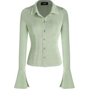 CIDER Solid Collar Button Up Bell Sleeve Blouse(Green)