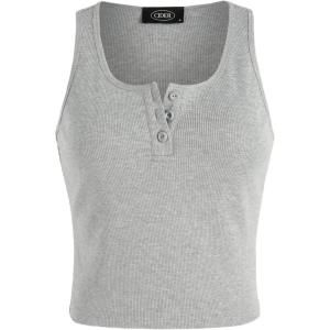 CIDER Solid Rib Button Up Tank Crop Top(Light Grey)