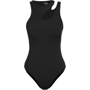 CIDER Women’s French Riviera Vacation Sleeveless Asymmetrical Neck Solid Bodysuit(Black)