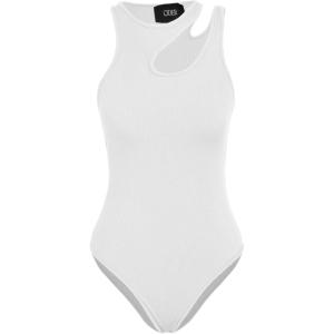 CIDER Women’s French Riviera Vacation Sleeveless Asymmetrical Neck Solid Bodysuit(White)