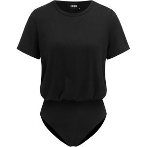 CIDER Women’s Round Neck Solid Short Sleeve Bodysuit(Black)