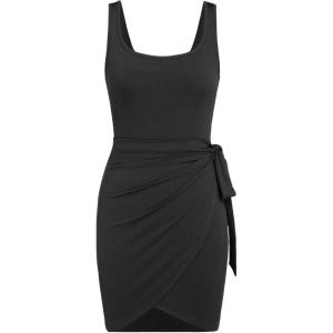 CIDER Women’s Sleeveless Summer Dress Casual Wrap Bodycon Ruched Dress Tie Waist Beach Mini Dresses(Black)