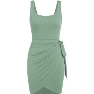 CIDER Women’s Sleeveless Summer Dress Casual Wrap Bodycon Ruched Dress Tie Waist Beach Mini Dresses(Green)