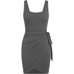CIDER Women’s Sleeveless Summer Dress Casual Wrap Bodycon Ruched Dress Tie Waist Beach Mini Dresses(Grey)