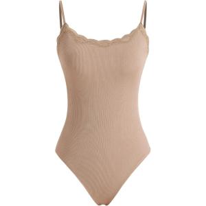 CIDER Women’s U-neck Solid Lace Bodysuit(Camel)
