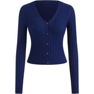 CIDER Women’s Wool-Blend V-Neck Solid Button Down Long Sleeve Knit Cardigan Sweater Tops(Blue)
