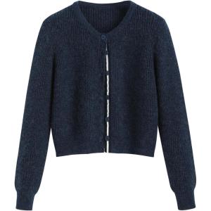 CIDER Wool-Blend Knit Round Neckline Button Cardigan(Navy Blue)