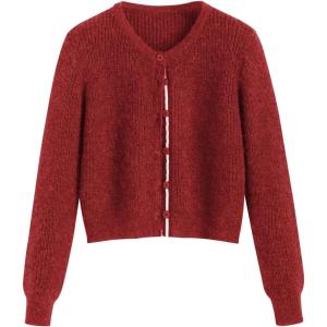 CIDER Wool-Blend Knit Round Neckline Button Cardigan(Red)