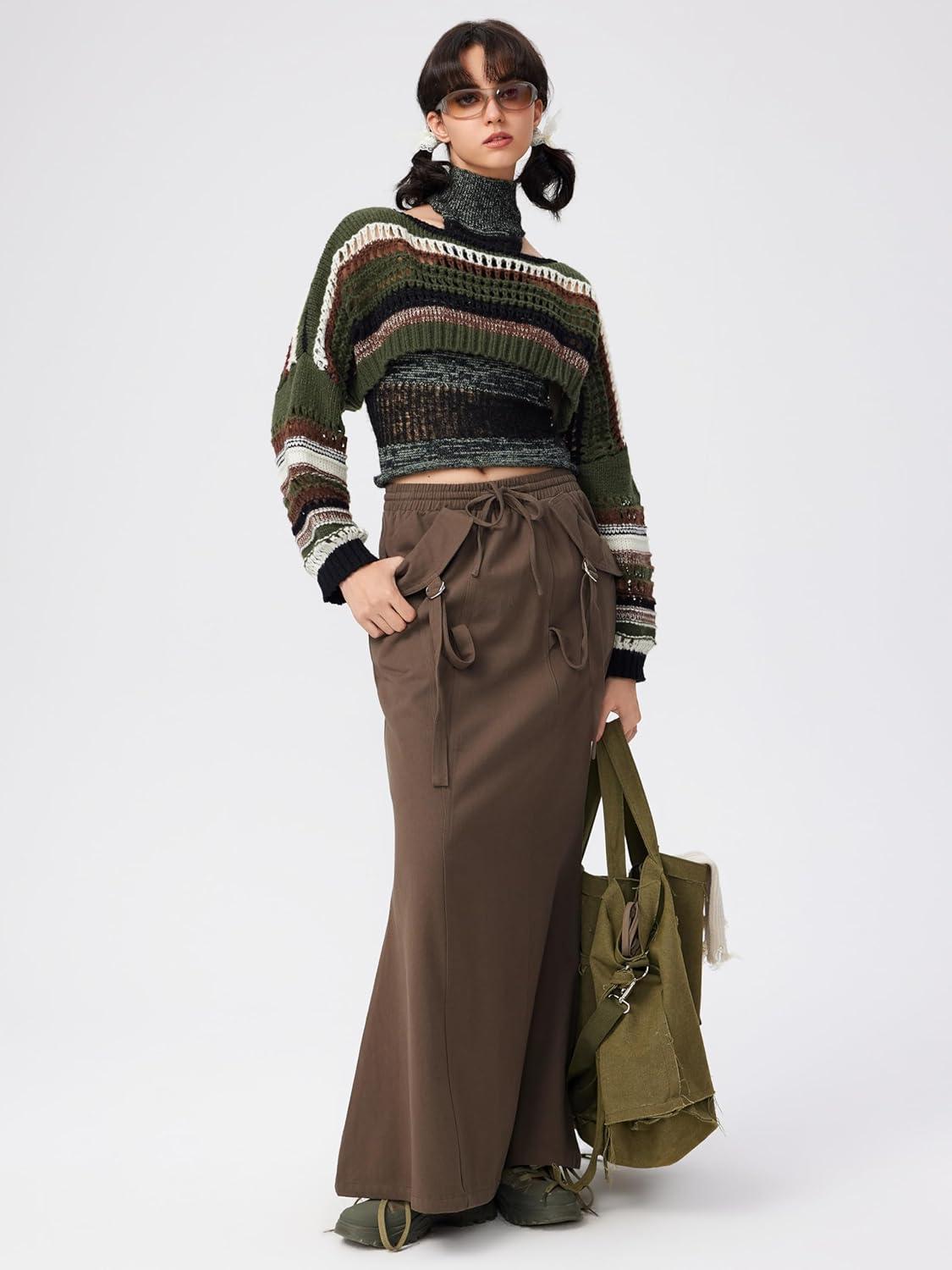 imageCIDER Striped Crochet Crop Tops for Women Long Sleeve Boat Neck Hollow Out Sweater ShrugOlive Green